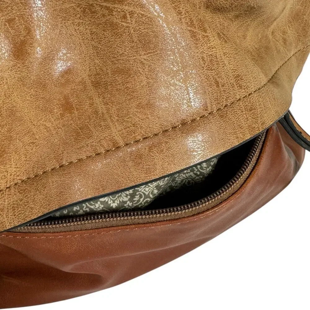 Joy Susan Darcy Zip Front Pocket Bucket Bag Faux Leather Vegan Tan Slouchy Hobo